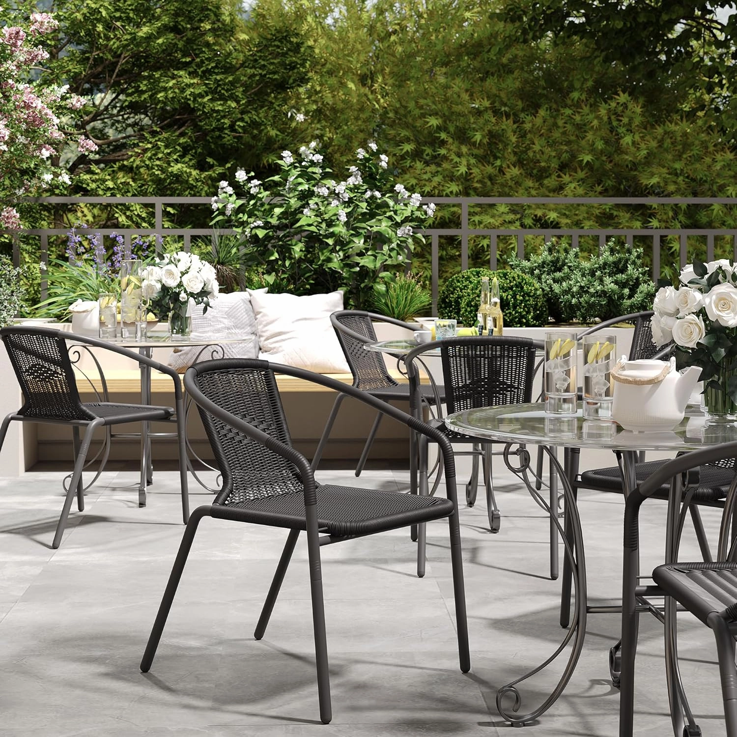 UDPATIO Rattan Outdoor Dining Chairs Set of 6, Wicker Stackable Patio Chairs with All Weather Curved Back & Metal Frame, for Indoor Restaurant Porch Deck, Black