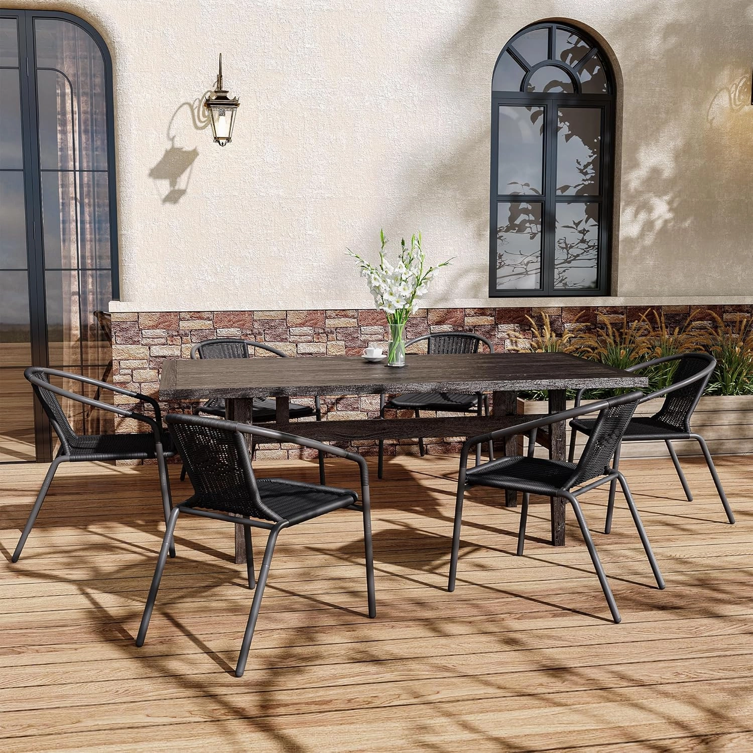 UDPATIO Rattan Outdoor Dining Chairs Set of 6, Wicker Stackable Patio Chairs with All Weather Curved Back & Metal Frame, for Indoor Restaurant Porch Deck, Black