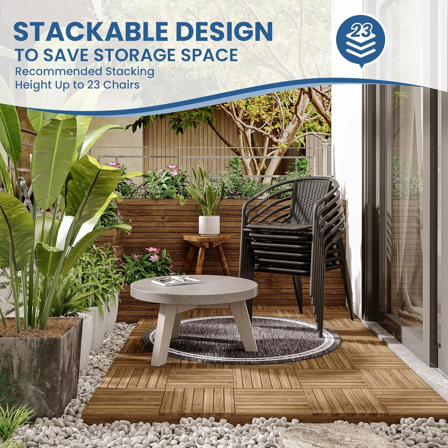 UDPATIO Rattan Outdoor Dining Chairs Set of 6, Wicker Stackable Patio Chairs with All Weather Curved Back & Metal Frame, for Indoor Restaurant Porch Deck, Black