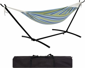 Ultra-Comfort 2-Person Hammock Set with Foldable Steel Frame – Heavy-Duty Outdoor Lounger for Garden, Camping & Patio (450lb Capacity   Quick-Stow Carry Bag),Blue and Green Stripes