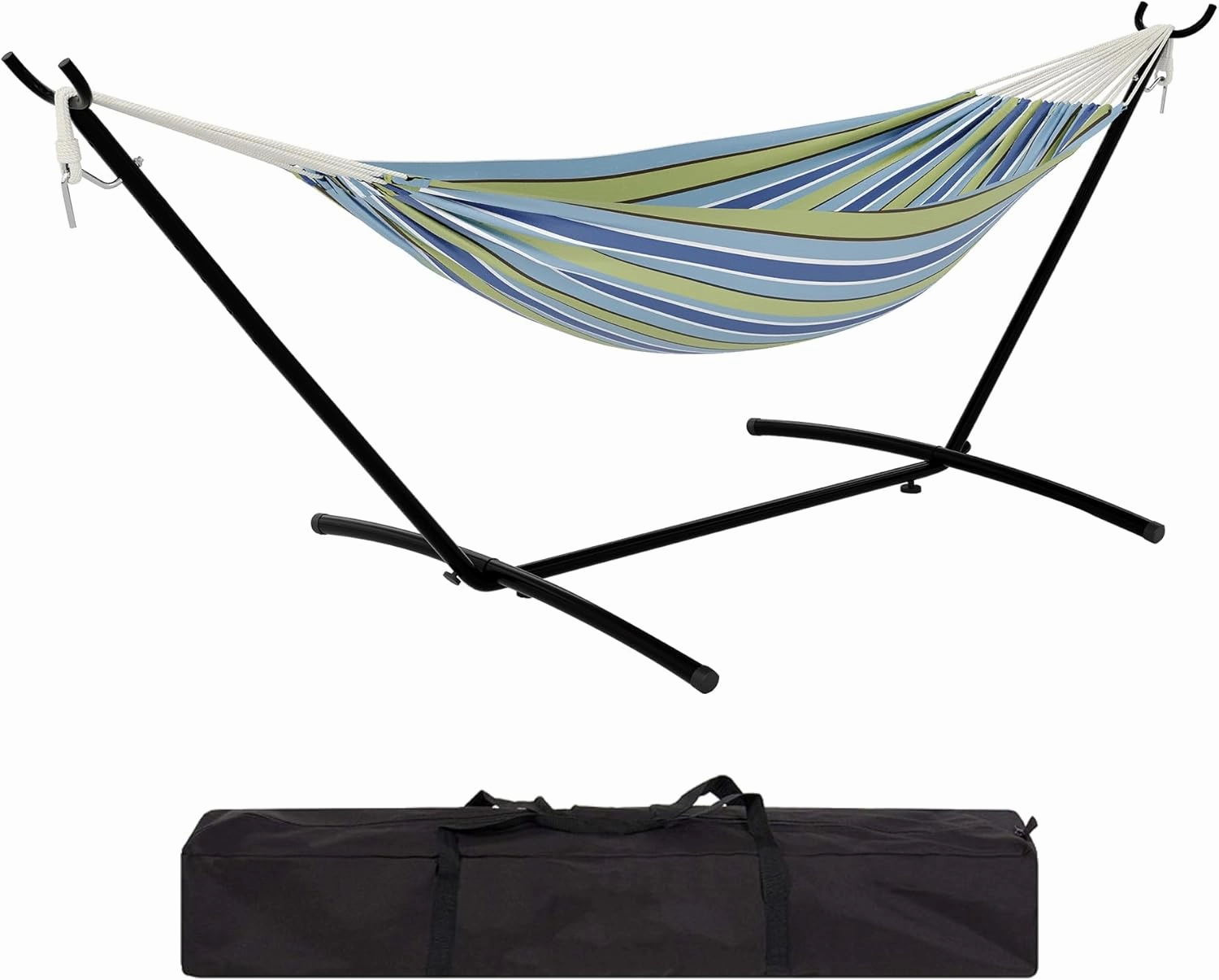 Ultra-Comfort 2-Person Hammock Set with Foldable Steel Frame – Heavy-Duty Outdoor Lounger for Garden, Camping & Patio (450lb Capacity   Quick-Stow Carry Bag),Blue and Green Stripes