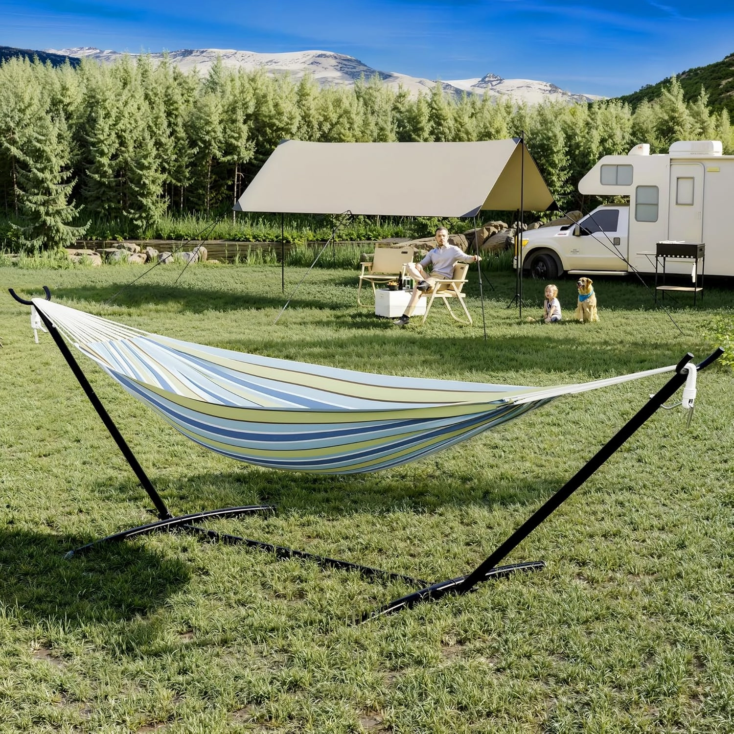 Ultra-Comfort 2-Person Hammock Set with Foldable Steel Frame – Heavy-Duty Outdoor Lounger for Garden, Camping & Patio (450lb Capacity   Quick-Stow Carry Bag),Blue and Green Stripes