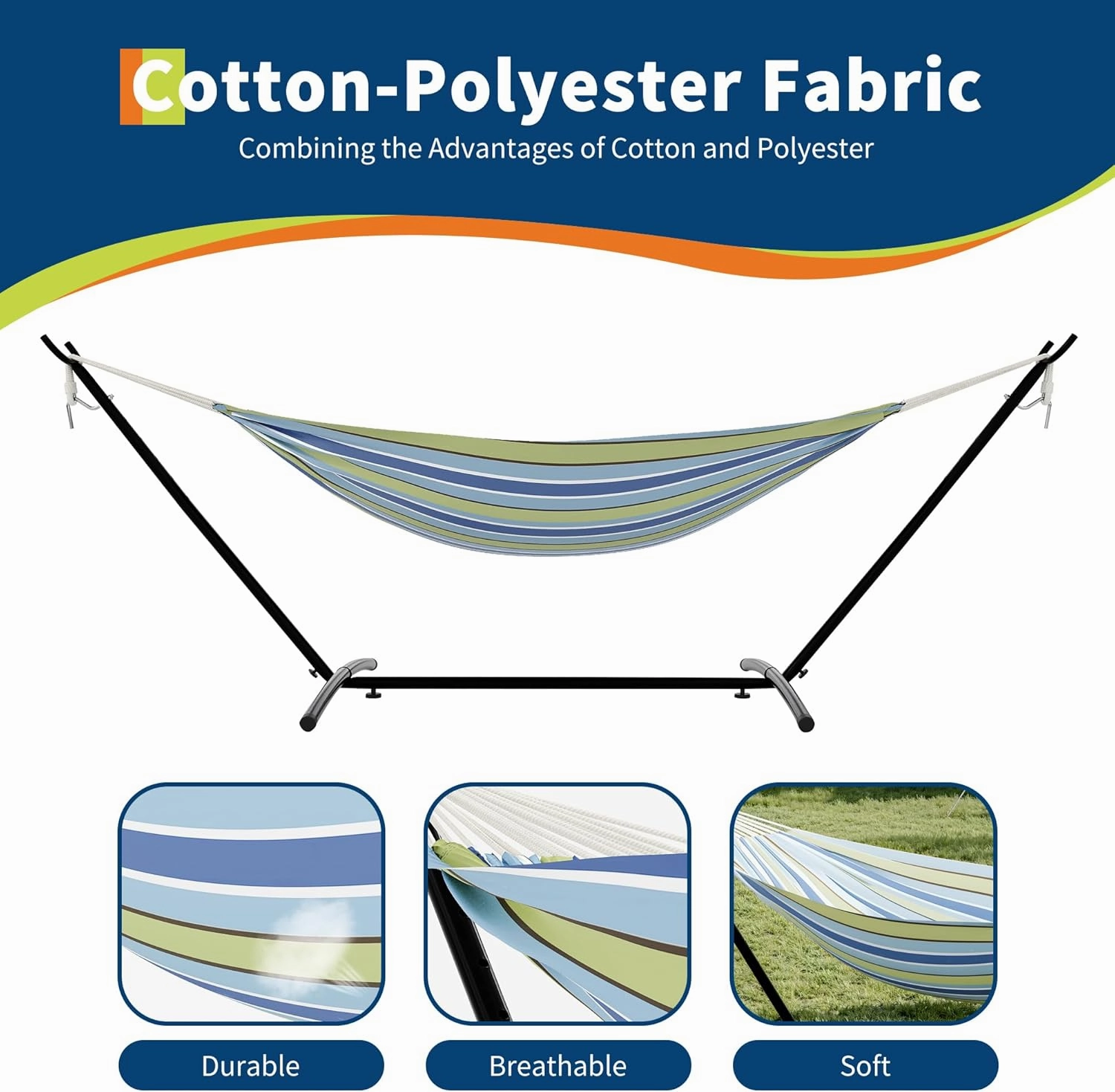 Ultra-Comfort 2-Person Hammock Set with Foldable Steel Frame – Heavy-Duty Outdoor Lounger for Garden, Camping & Patio (450lb Capacity   Quick-Stow Carry Bag),Blue and Green Stripes