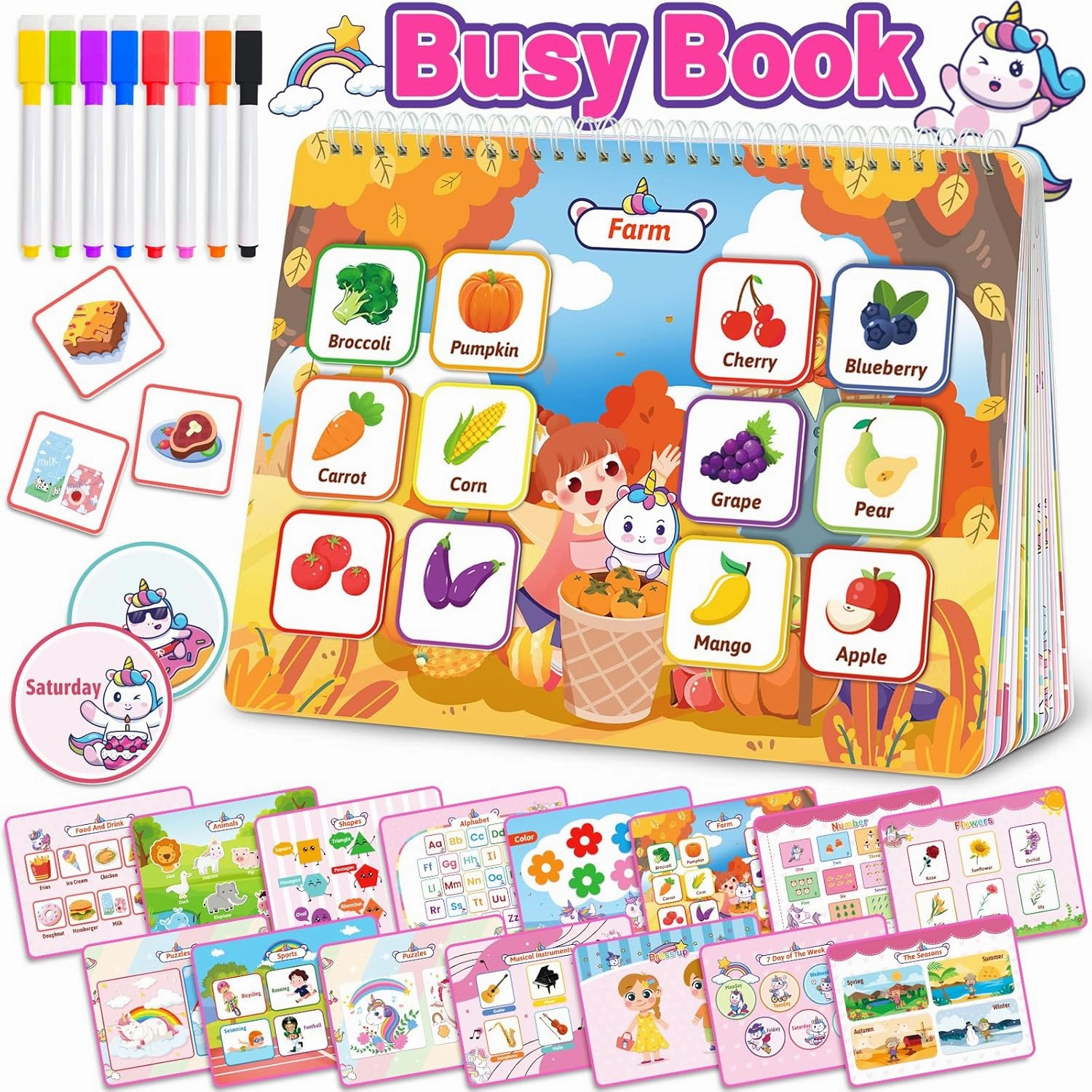 Unicorn Busy Book for Toddlers 3-5, Preschool Toddler Learning Activities Book, Educational Montessori Toys for 3 4 5 Year Old Girl Gifts, Busy Board Sticker Book for Toddler Travel Toys Workbook