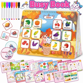 Unicorn Busy Book for Toddlers 3-5, Preschool Toddler Learning Activities Book, Educational Montessori Toys for 3 4 5 Year Old Girl Gifts, Busy Board Sticker Book for Toddler Travel Toys Workbook