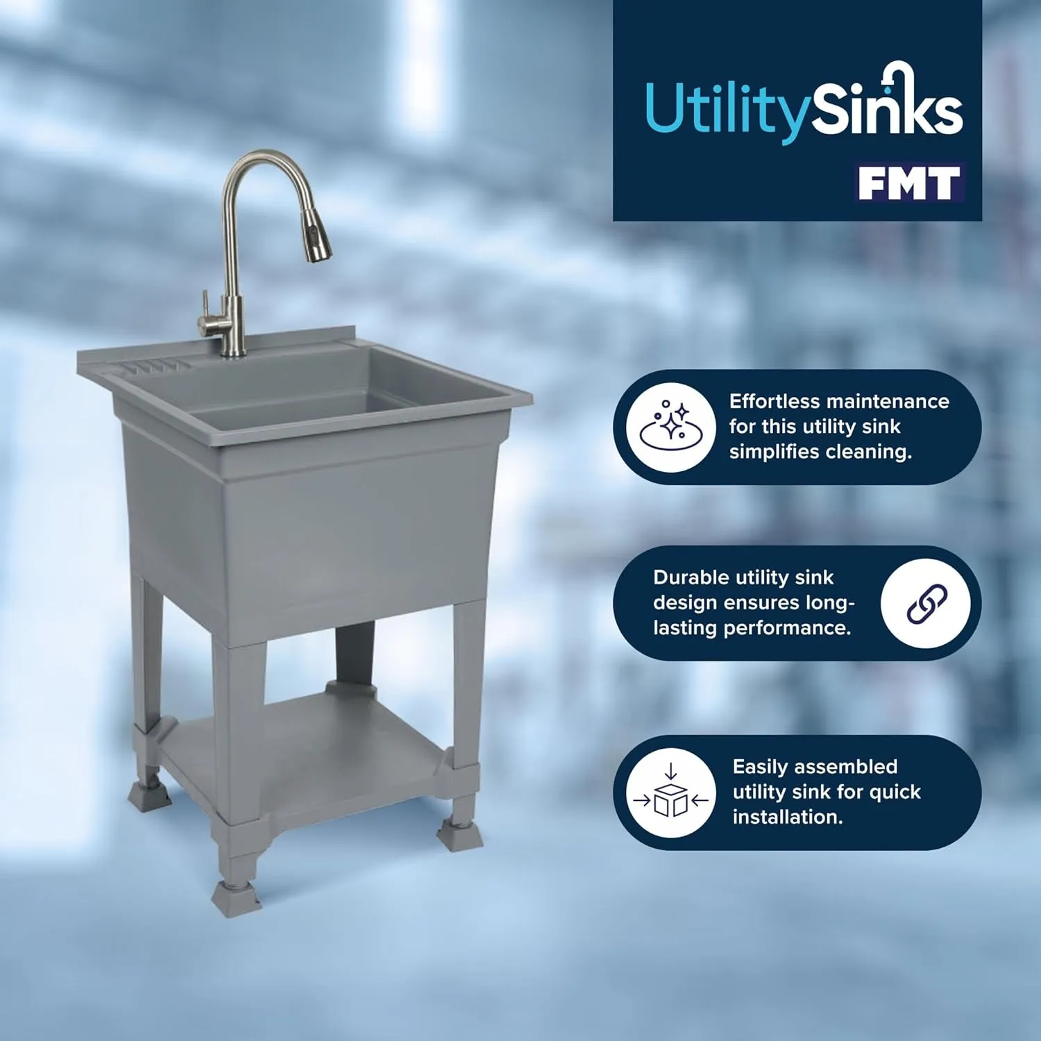 USA-Made Plastic Freestanding 24 in x 24-Inch UtilityTub Heavy Duty Compact Utility Sink Ideal for Workshop, Laundry Room, Garage, Greenhouse, Pet Wash Station (Grey)