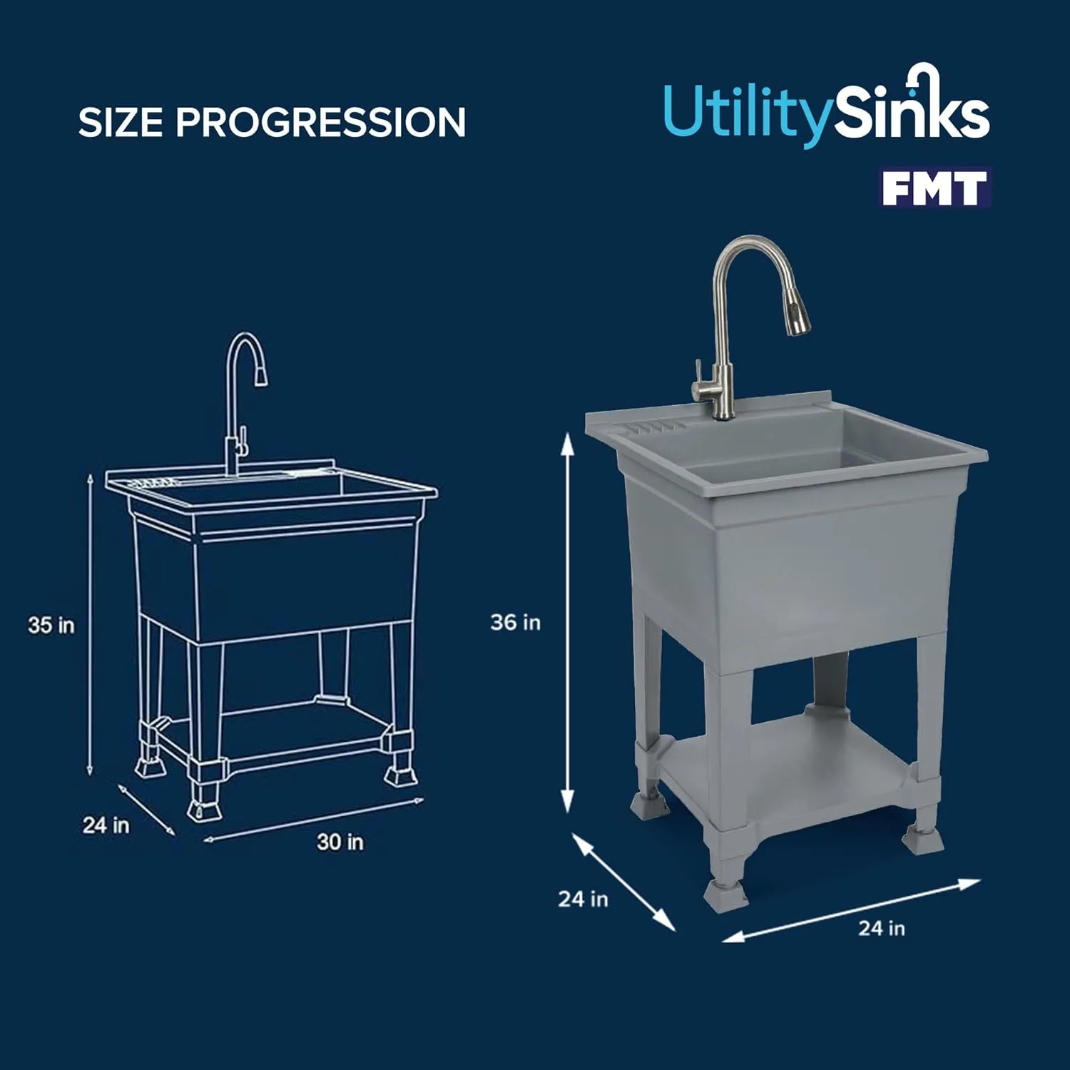 USA-Made Plastic Freestanding 24 in x 24-Inch UtilityTub Heavy Duty Compact Utility Sink Ideal for Workshop, Laundry Room, Garage, Greenhouse, Pet Wash Station (Grey)