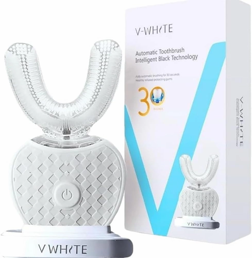 V-WHITE Ultrasonic U-Shaped Toothbrush for Teeth Whitening, Electric Toothbrush For Adults - 360° Mouth Cleansing, Hands Free Gums Protection - Wireless Charging & LED Light -Waterproof IPX7 Certified