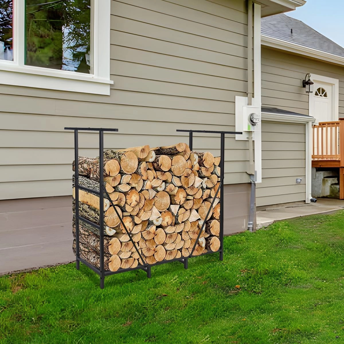 Vailge 4ft Adjustable Heavy Duty Firewood Holder, Outdoor Indoor Fireplace Metal Log Racks, with Firewood Bag Carrier, Black