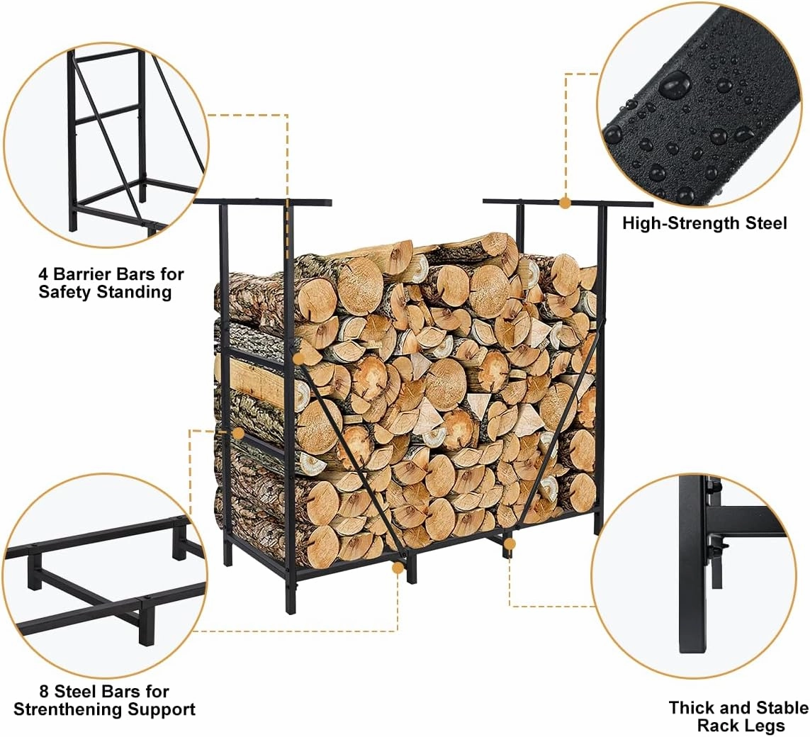 Vailge 4ft Adjustable Heavy Duty Firewood Holder, Outdoor Indoor Fireplace Metal Log Racks, with Firewood Bag Carrier, Black