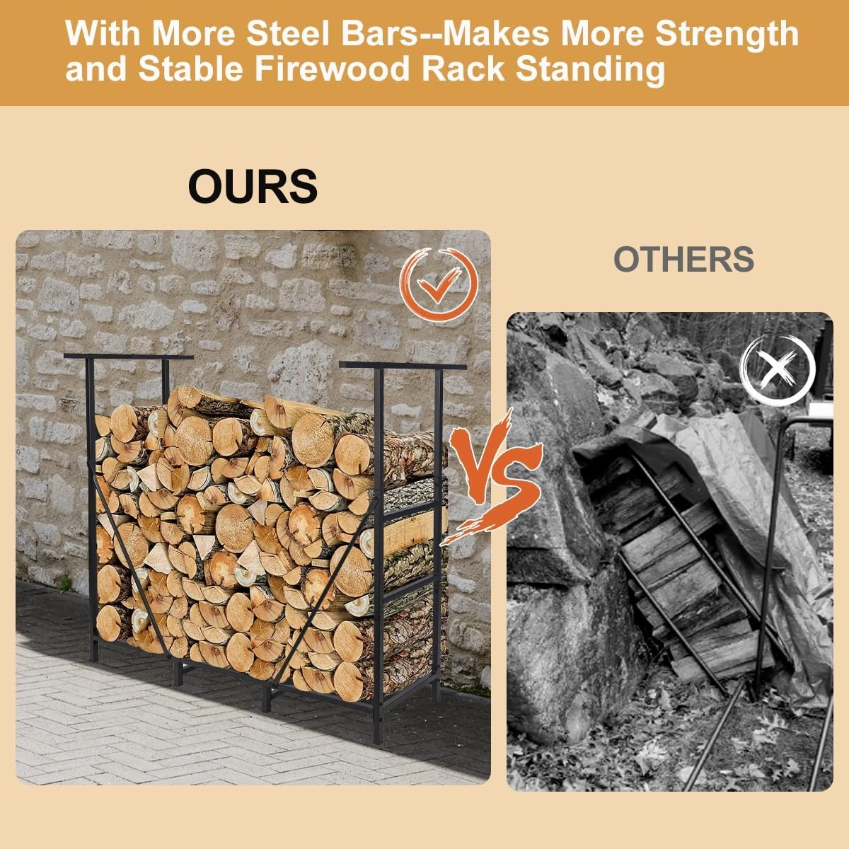 Vailge 4ft Adjustable Heavy Duty Firewood Holder, Outdoor Indoor Fireplace Metal Log Racks, with Firewood Bag Carrier, Black