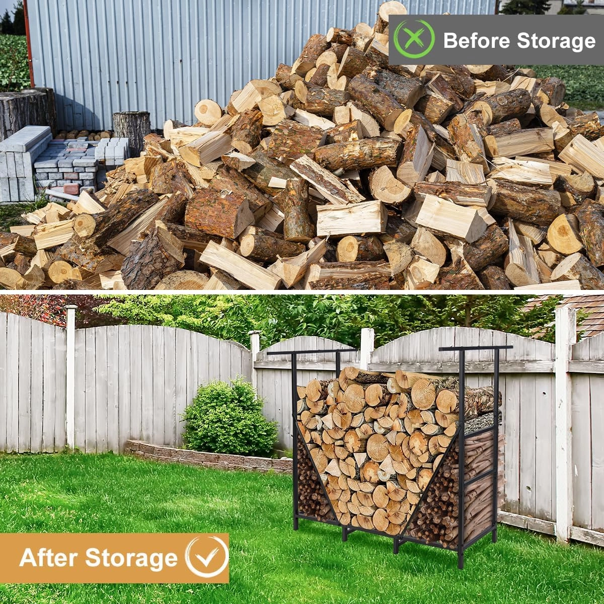 Vailge 4ft Adjustable Heavy Duty Firewood Holder, Outdoor Indoor Fireplace Metal Log Racks, with Firewood Bag Carrier, Black
