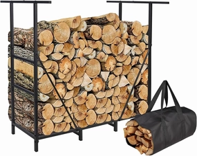 Vailge 4ft Adjustable Heavy Duty Firewood Holder, Outdoor Indoor Fireplace Metal Log Racks, with Firewood Bag Carrier, Black