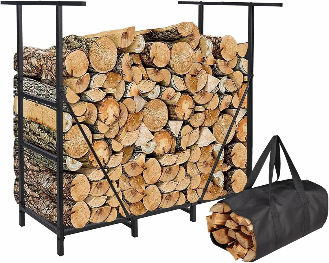 Vailge 4ft Adjustable Heavy Duty Firewood Holder, Outdoor Indoor Fireplace Metal Log Racks, with Firewood Bag Carrier, Black