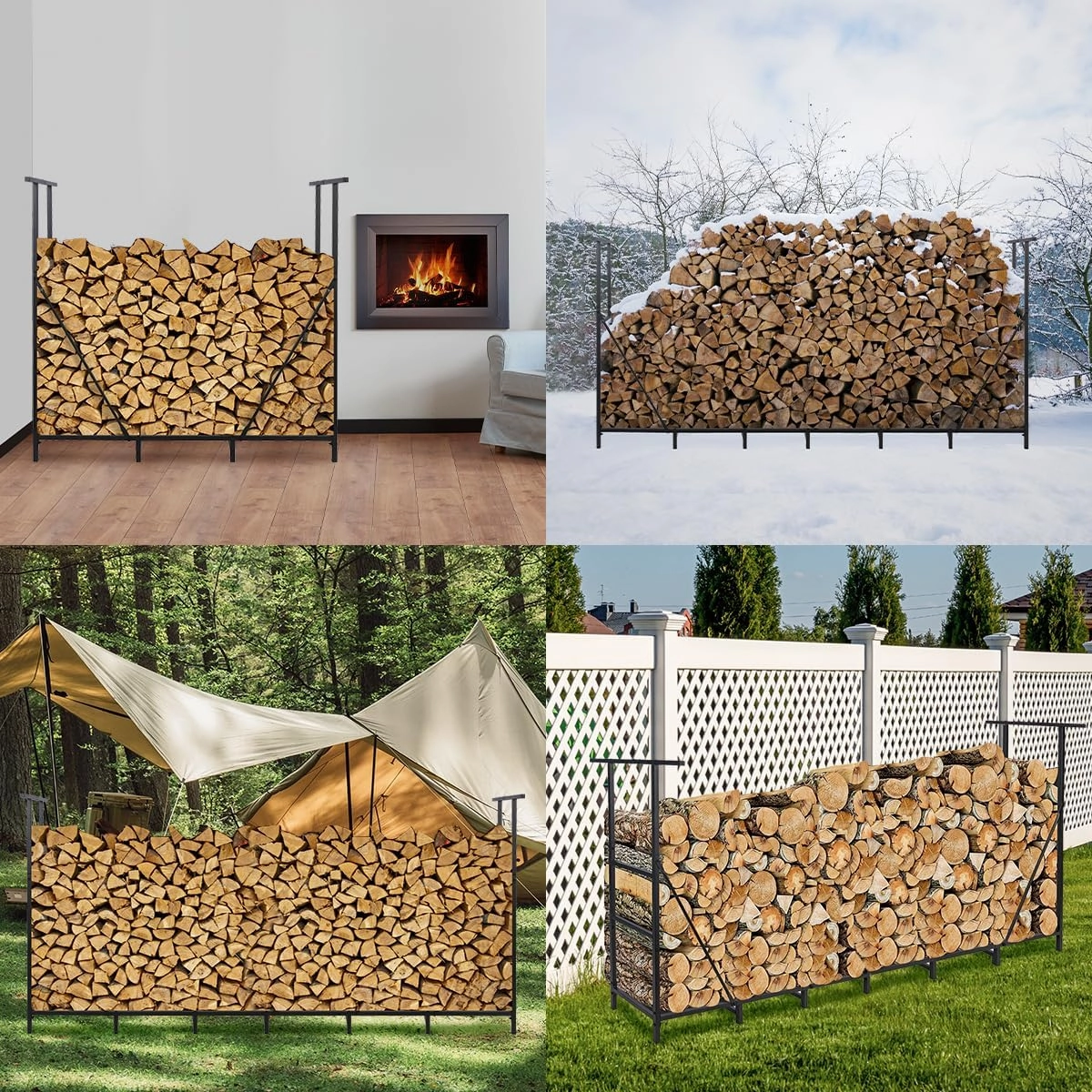 Vailge 4ft Adjustable Heavy Duty Firewood Holder, Outdoor Indoor Fireplace Metal Log Racks, with Firewood Bag Carrier, Black