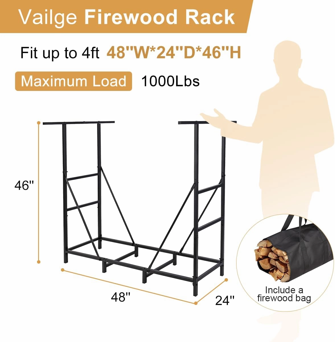 Vailge 4ft Adjustable Heavy Duty Firewood Holder, Outdoor Indoor Fireplace Metal Log Racks, with Firewood Bag Carrier, Black