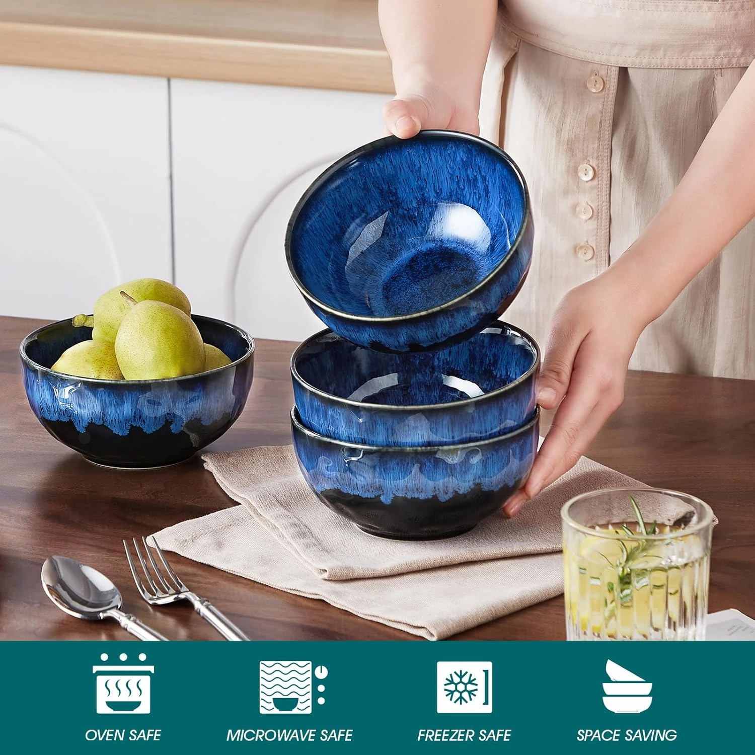 vancasso Starry 24oz Bowls for Soup, Ceramic Soup Bowls Set of 4, Blue Cereal Bowls Set for Kitchen, Salad Bowls Set, Pasta Oatmeal Bowls, Lead-free, Dishwasher & Microwave Oven Safe, Blue