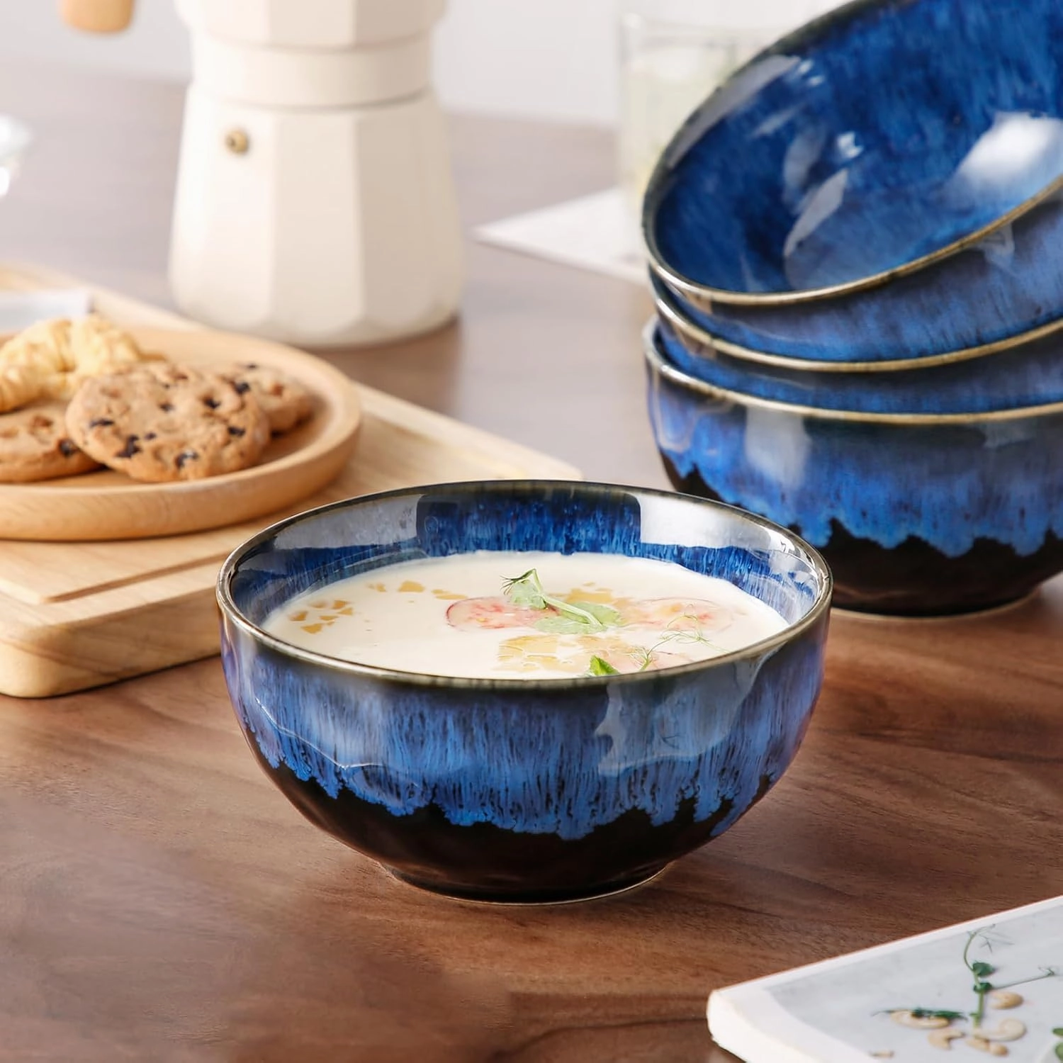 vancasso Starry 24oz Bowls for Soup, Ceramic Soup Bowls Set of 4, Blue Cereal Bowls Set for Kitchen, Salad Bowls Set, Pasta Oatmeal Bowls, Lead-free, Dishwasher & Microwave Oven Safe, Blue