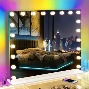 VANITII Large Vanity Mirror with 20 Bulbs Lights 40"x32" RGB Backlit Hollywood Makeup Mirror with Dimmable 3 Lighting Modes Lighted Desktop Wall-Mount Mirror with Smart Touch