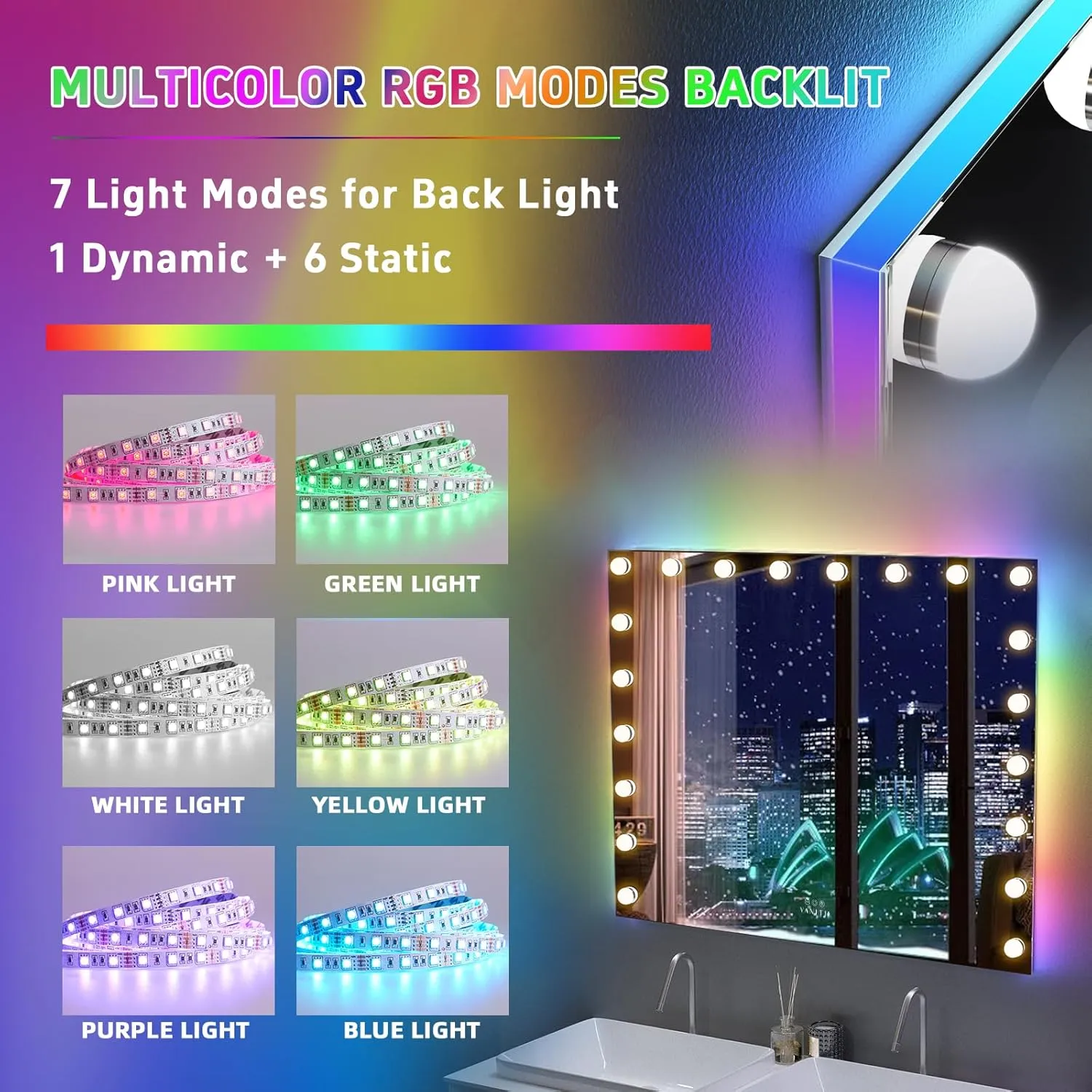VANITII Large Vanity Mirror with 20 Bulbs Lights 40"x32" RGB Backlit Hollywood Makeup Mirror with Dimmable 3 Lighting Modes Lighted Desktop Wall-Mount Mirror with Smart Touch