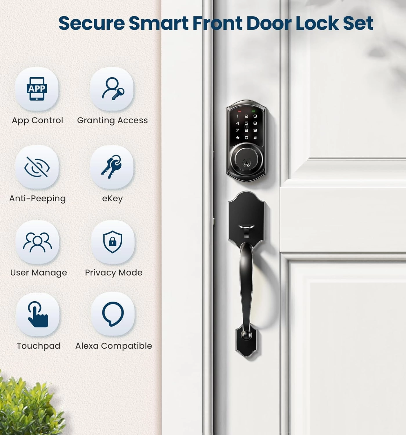 Veise VE06-H Smart Front Door Lock Set, App Control, Keyless Entry Deadbolt with Lever Handle, Electronic Digital Touchscreen Keypad, Auto Lock, Easy Install, Matte Black