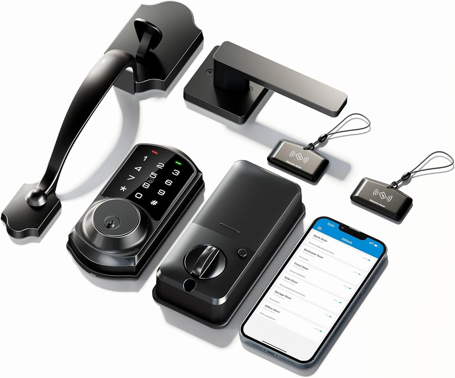 Veise VE06-H Smart Front Door Lock Set, App Control, Keyless Entry Deadbolt with Lever Handle, Electronic Digital Touchscreen Keypad, Auto Lock, Easy Install, Matte Black