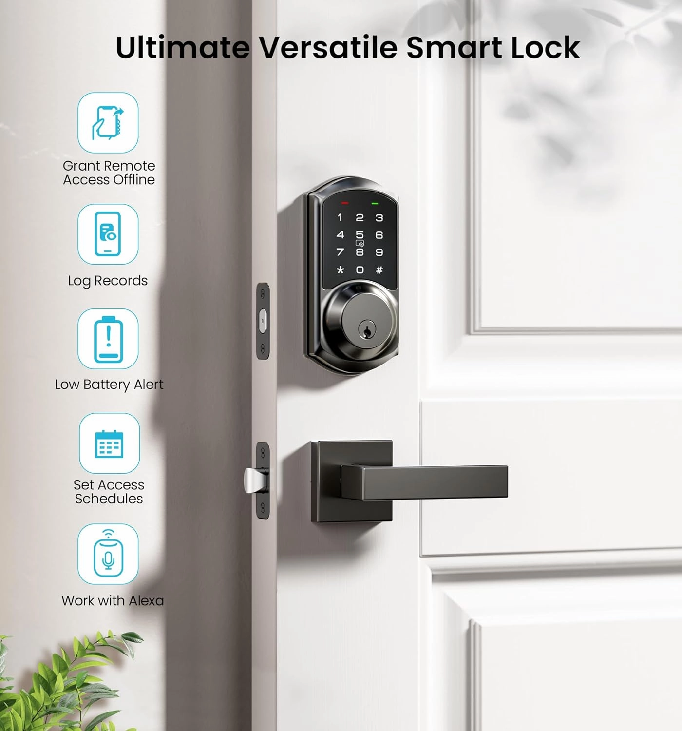 Veise VE06-L Smart Locks with 2 Lever Handle Set, App Control, Keyless Entry Deadbolt for Front Door, Electronic Digital Touchscreen Keypad, Auto Lock, Waterproof, Easy Installation, Matte Black