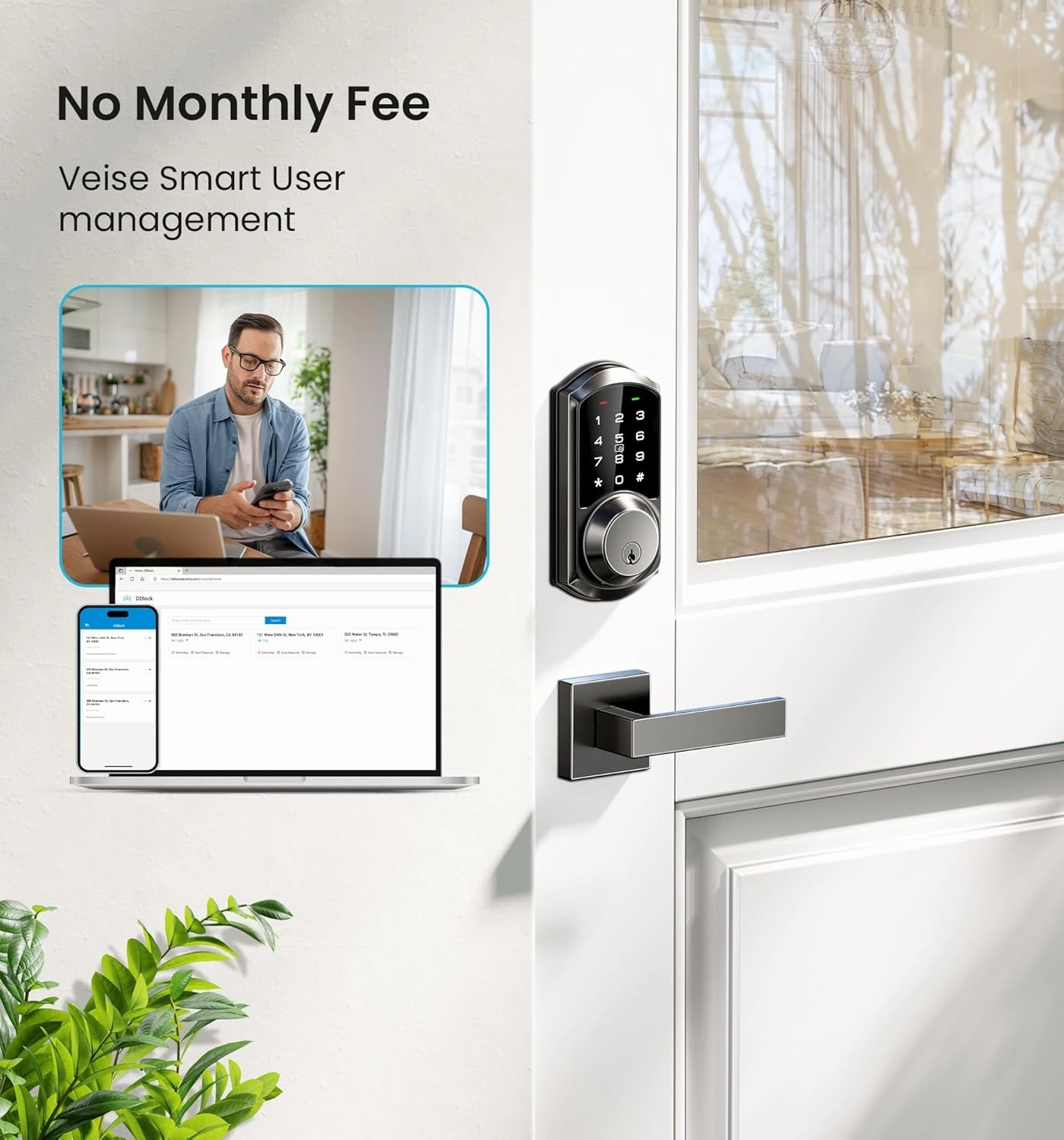 Veise VE06-L Smart Locks with 2 Lever Handle Set, App Control, Keyless Entry Deadbolt for Front Door, Electronic Digital Touchscreen Keypad, Auto Lock, Waterproof, Easy Installation, Matte Black