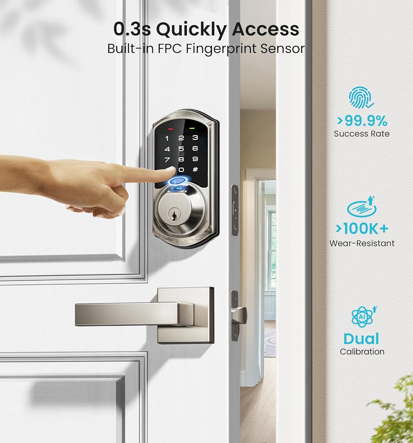 Veise VE07-L Fingerprint Smart Locks for Front Door with 2 Lever Handle Set, App Control, Keyless Entry, Electronic Digital Keypad Deadbolt, Auto Lock, Waterproof, Easy to Install, Satin Nickel