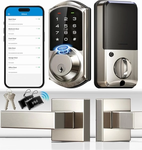 Veise VE07-L Fingerprint Smart Locks for Front Door with 2 Lever Handle Set, App Control, Keyless Entry, Electronic Digital Keypad Deadbolt, Auto Lock, Waterproof, Easy to Install, Satin Nickel