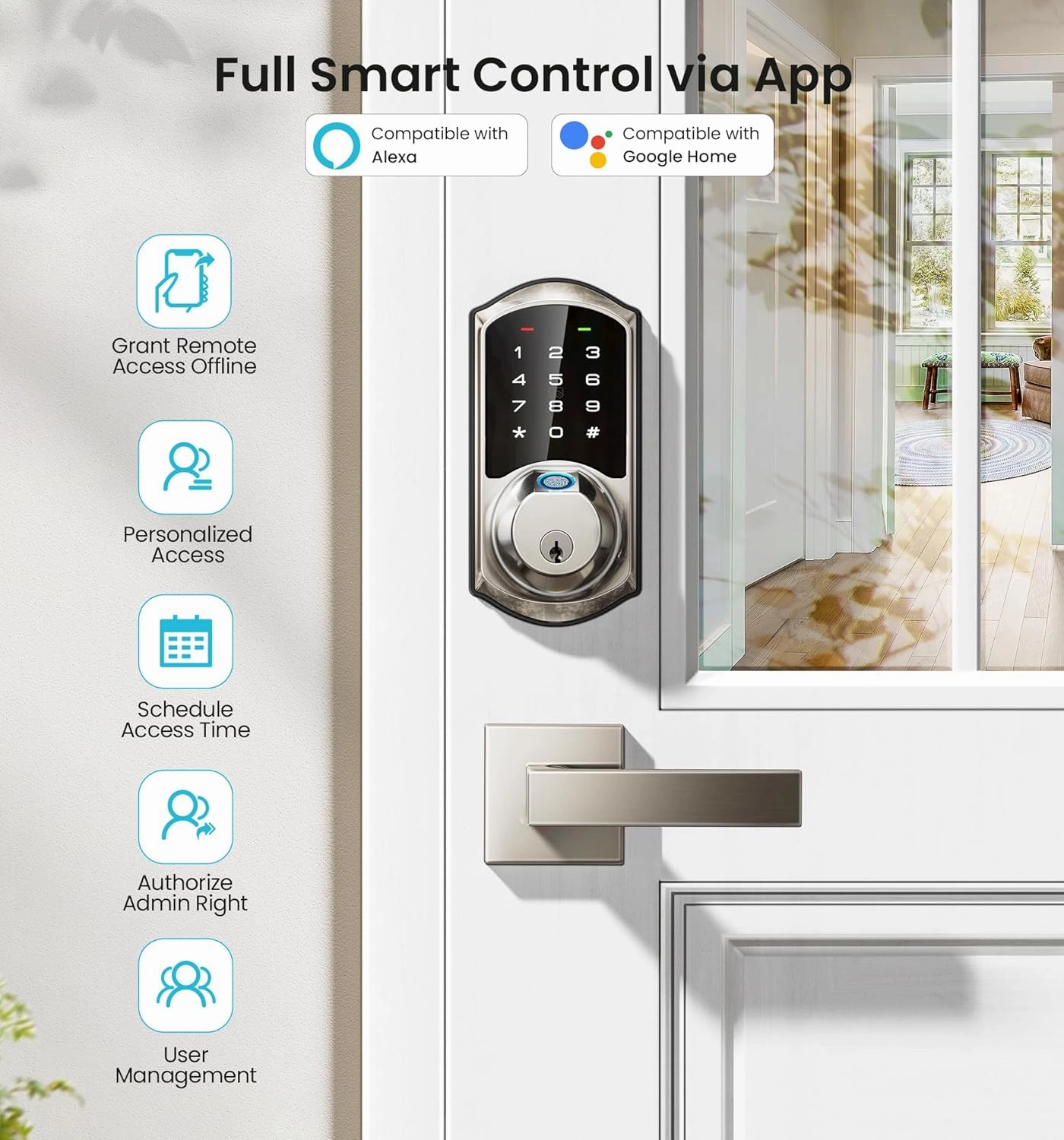 Veise VE07-L Fingerprint Smart Locks for Front Door with 2 Lever Handle Set, App Control, Keyless Entry, Electronic Digital Keypad Deadbolt, Auto Lock, Waterproof, Easy to Install, Satin Nickel