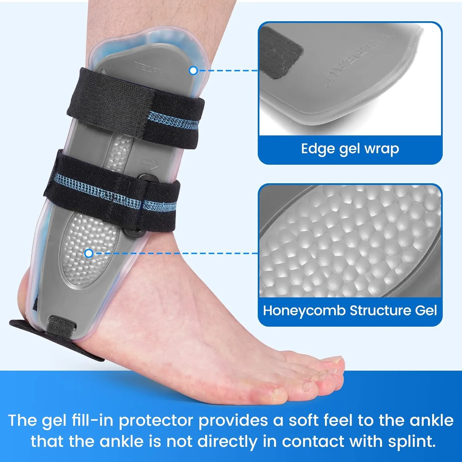 Velpeau Ankle Stabilizer Brace for Sprain, Ligament Injury (Grade 1 to 2), Tendonitis, Adjustable Stirrup Ankle Support Splint for Women and Men,Reversible Left & Right Foots,One Size (Gel Pads, Grey)