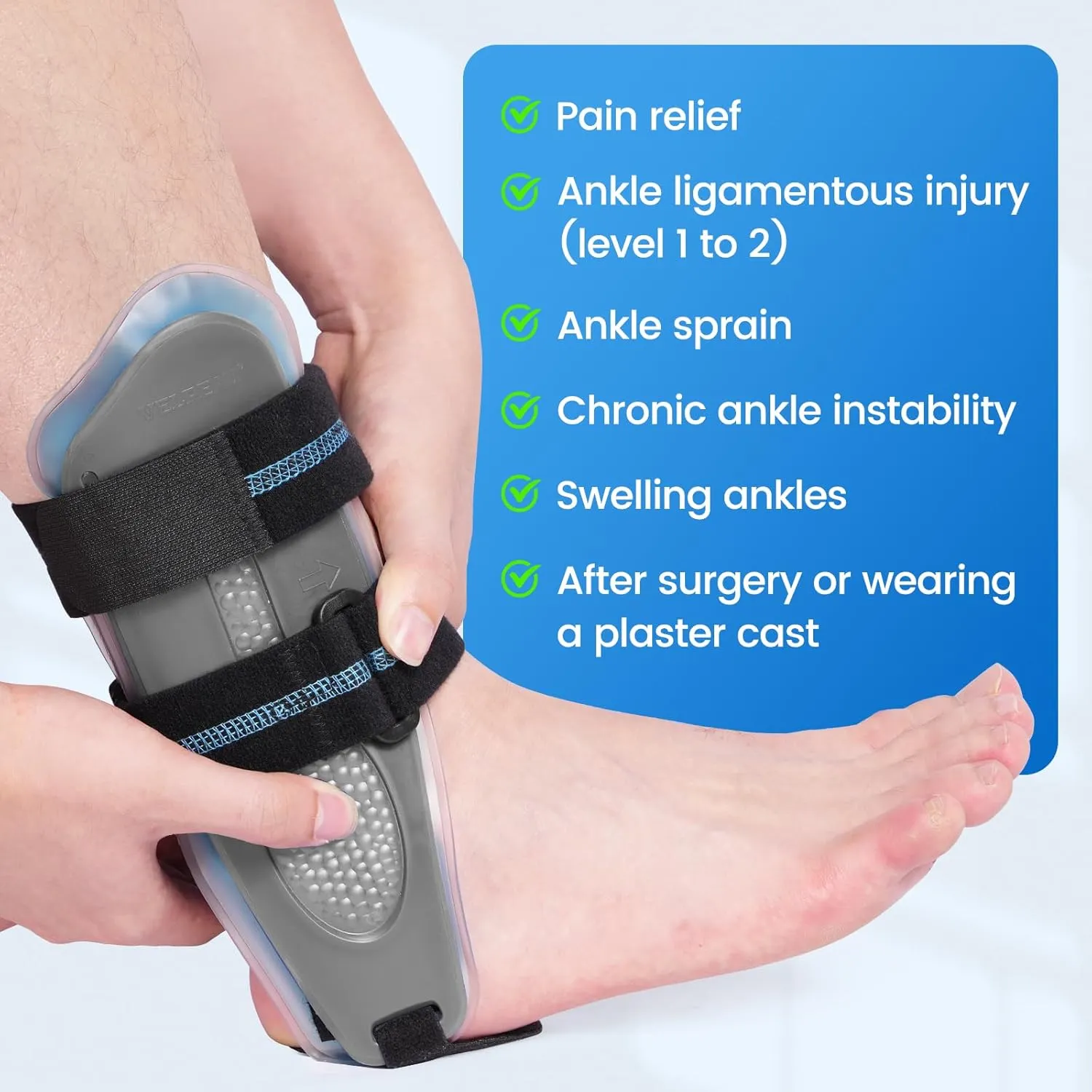 Velpeau Ankle Stabilizer Brace for Sprain, Ligament Injury (Grade 1 to 2), Tendonitis, Adjustable Stirrup Ankle Support Splint for Women and Men,Reversible Left & Right Foots,One Size (Gel Pads, Grey)