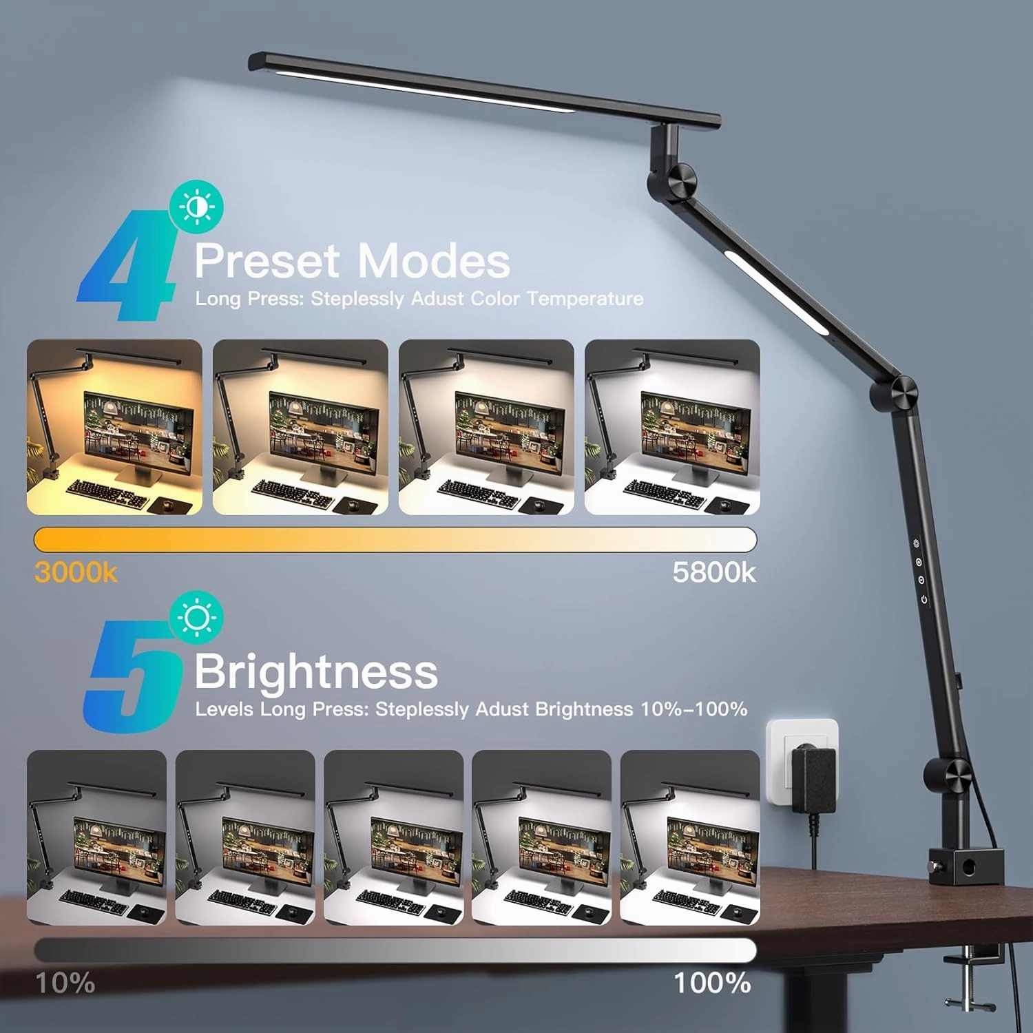 VERSKI LED Desk Lamp, Desk Light for Home Office, Dual Light Source 18W Brightest, Eye-Caring Optical Lens, Office Lamp, 5 Color Modes & Brightness, Aluminum Alloy Drafting Light, Clamp Lamp