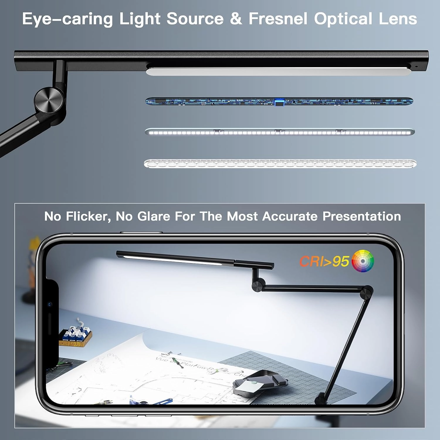 VERSKI LED Desk Lamp, Desk Light for Home Office, Dual Light Source 18W Brightest, Eye-Caring Optical Lens, Office Lamp, 5 Color Modes & Brightness, Aluminum Alloy Drafting Light, Clamp Lamp
