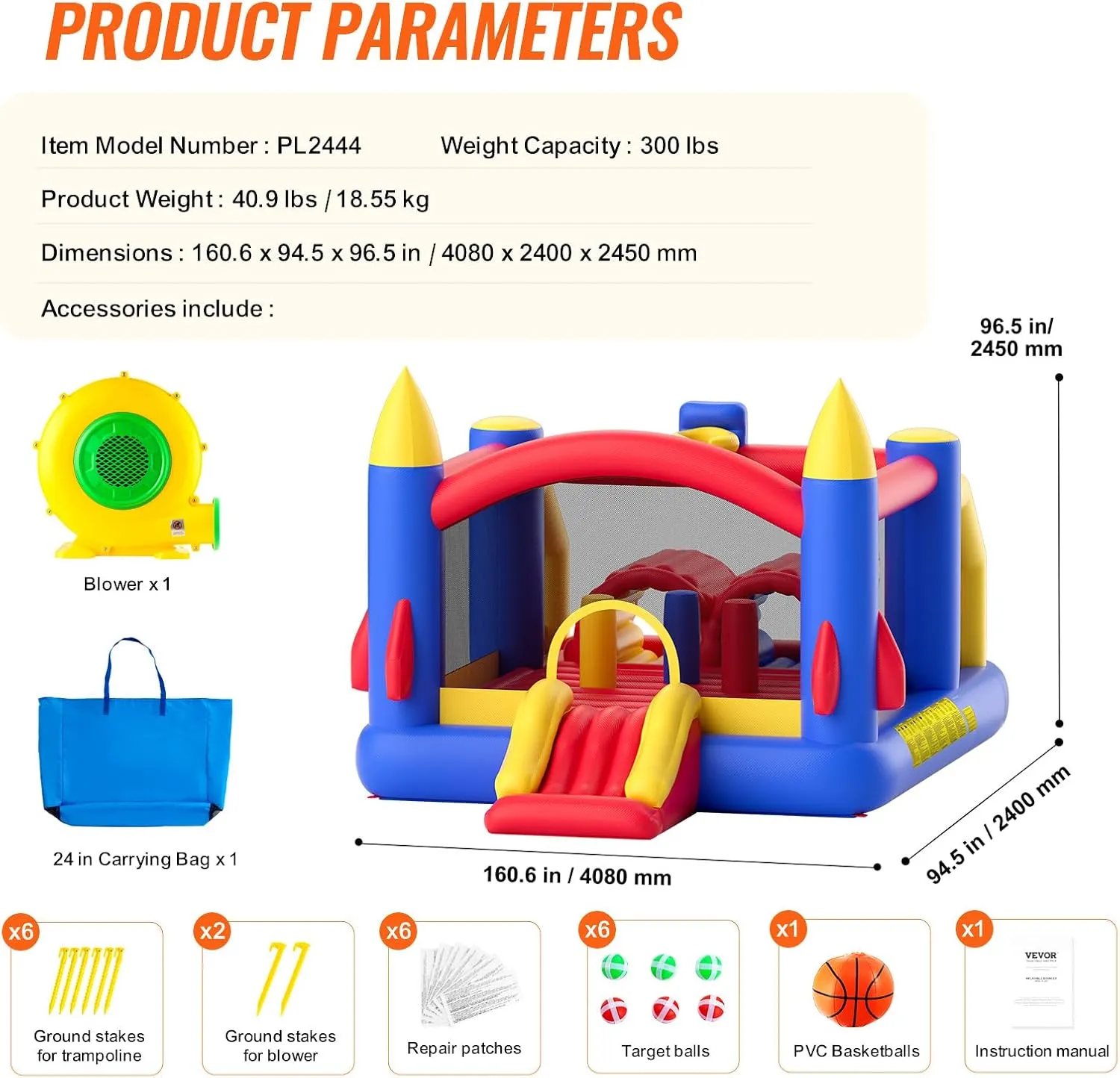 VEVOR Outdoor Toys for Kids 5-12, Bounce House for Kids, Inflatable Nightclub Halloween Bounce House with Slide, Blower and Storage Bag, Birthday Christmas Party Gifts, 160x94x96 inch