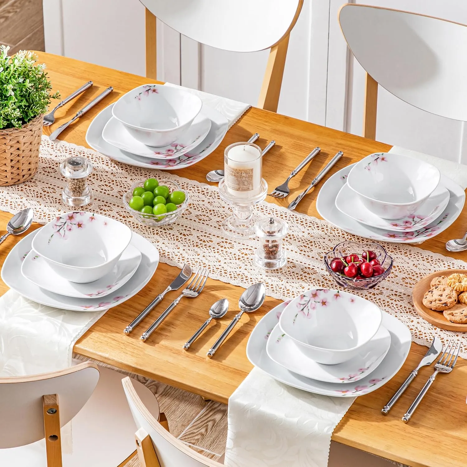 VEWEET Porcelain Dinnerware Set with Pink Floral, 12 PCS Including Dinner Plates, Dessert Plates and Cereal Bowls, Series Annie