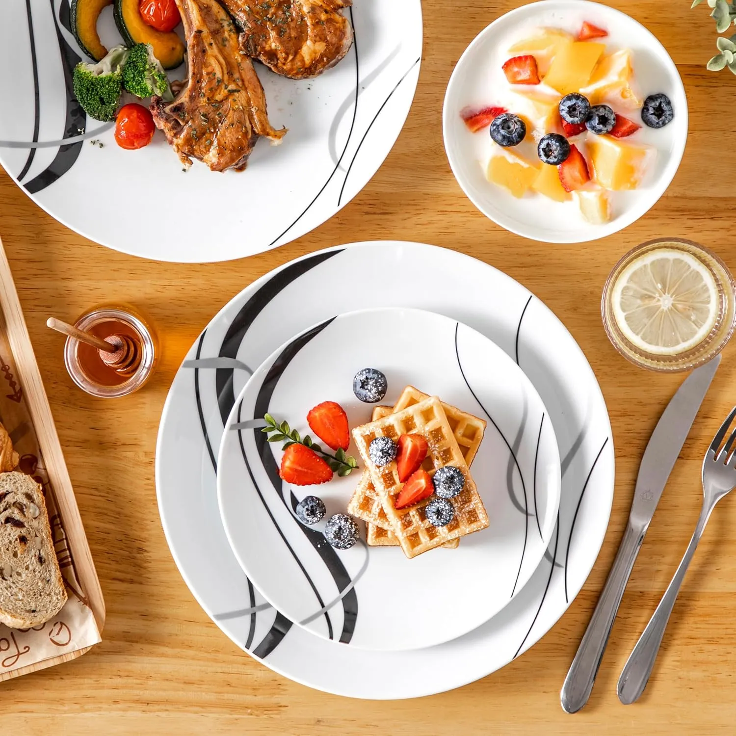 VEWEET Porcelain Dinnerware Sets for 4, 12 Pieces Plates and Bowls Set with Black and Grey Ribbon Lines, Dishes Set Dining Ware for Dinner, Microwave and Dishwasher Safe, Series FIONA