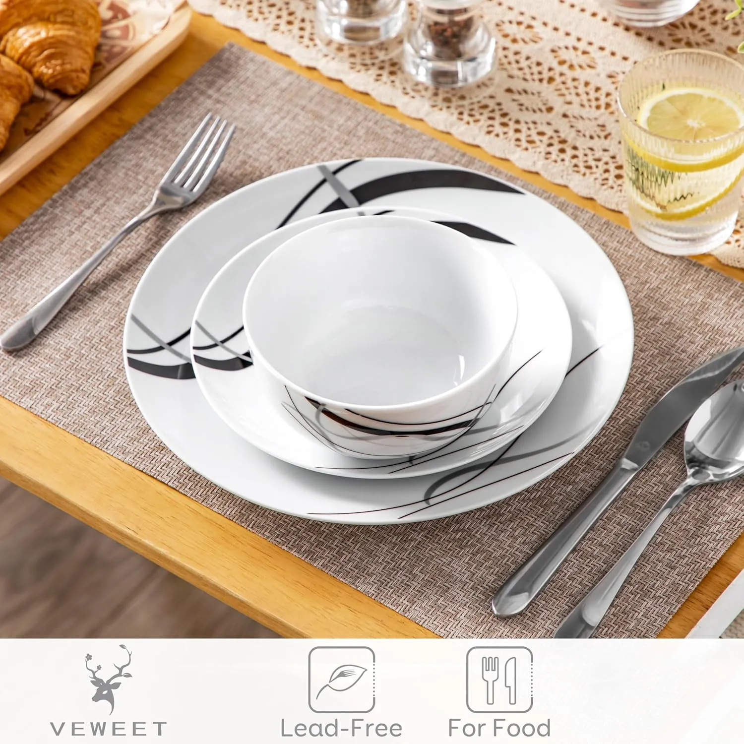 VEWEET Porcelain Dinnerware Sets for 4, 12 Pieces Plates and Bowls Set with Black and Grey Ribbon Lines, Dishes Set Dining Ware for Dinner, Microwave and Dishwasher Safe, Series FIONA