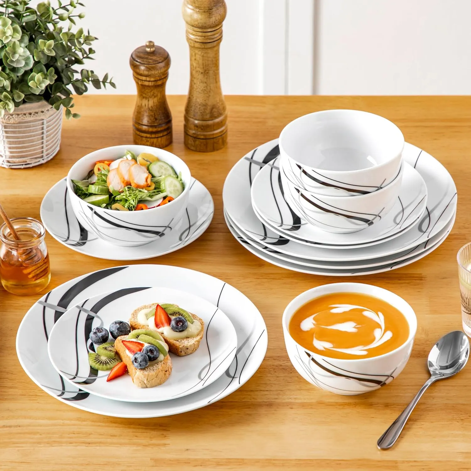 VEWEET Porcelain Dinnerware Sets for 4, 12 Pieces Plates and Bowls Set with Black and Grey Ribbon Lines, Dishes Set Dining Ware for Dinner, Microwave and Dishwasher Safe, Series FIONA