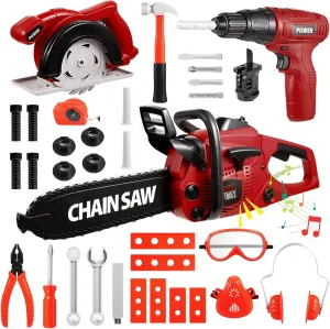 Vextronic Kids Tool Set 36 PCS with Toy Chainsaw Electronic Toy Drill with Sound and Light, Pretend Play Kids Tool Box Construction Toy, Great Toy Tool Set for Toddlers Boys Girls Ages 3 