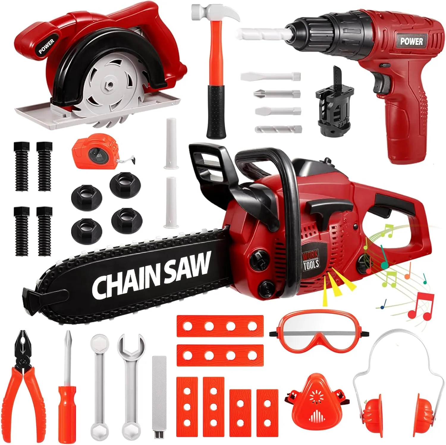 Vextronic Kids Tool Set 36 PCS with Toy Chainsaw Electronic Toy Drill with Sound and Light, Pretend Play Kids Tool Box Construction Toy, Great Toy Tool Set for Toddlers Boys Girls Ages 3 