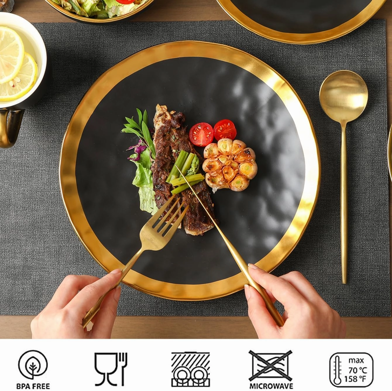 vicrays Ceramic Dinner Plates Set, 10 Inch, Set of 6, Round, Dishwasher Safe, NOT Microwave Safe, Suitable for Steak, Pasta, Home, Party, Restaurant（Black with Golden）
