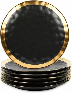 vicrays Ceramic Dinner Plates Set, 10 Inch, Set of 6, Round, Dishwasher Safe, NOT Microwave Safe, Suitable for Steak, Pasta, Home, Party, Restaurant（Black with Golden）