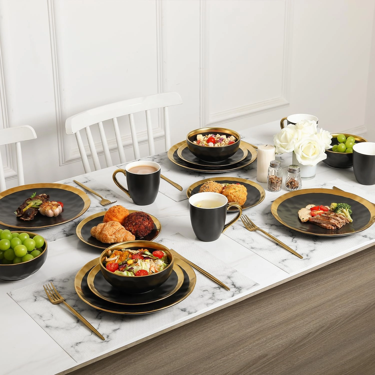 vicrays Ceramic Dinner Plates Set, 10 Inch, Set of 6, Round, Dishwasher Safe, NOT Microwave Safe, Suitable for Steak, Pasta, Home, Party, Restaurant（Black with Golden）
