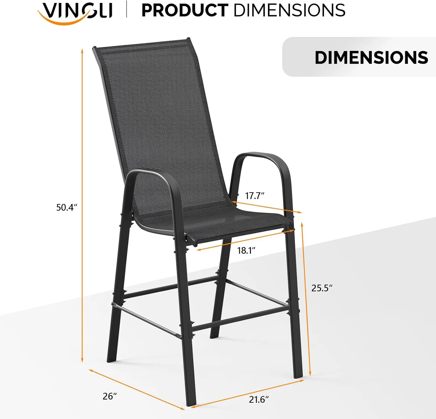 VINGLI Outdoor Bar Chairs Set of 6 – Stackable Outdoor Bar Stools with Sturdy Sling High Back and Armrests for Lawn, Courtyard, Garden, Bar, Black