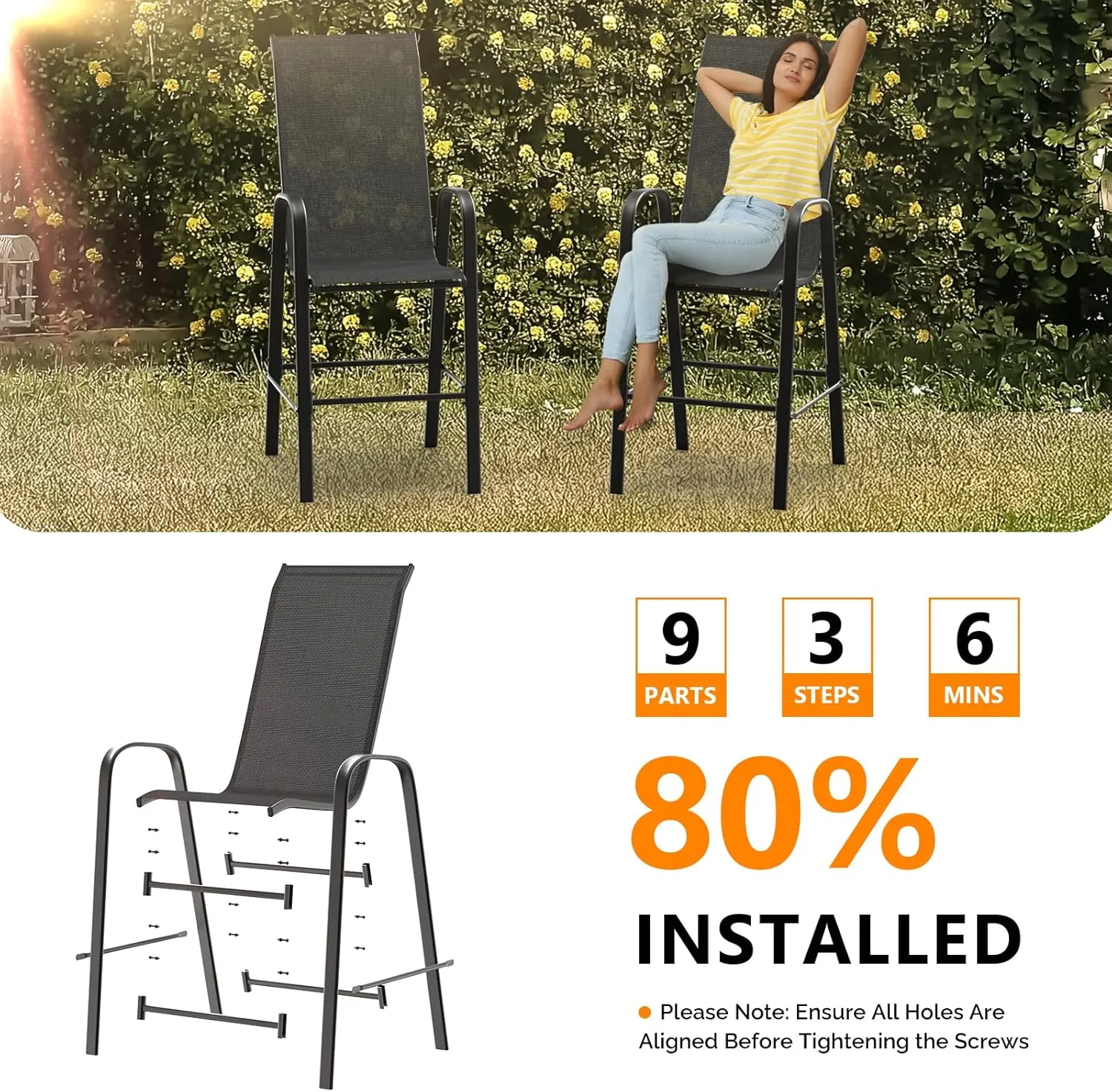 VINGLI Outdoor Bar Chairs Set of 6 – Stackable Outdoor Bar Stools with Sturdy Sling High Back and Armrests for Lawn, Courtyard, Garden, Bar, Black