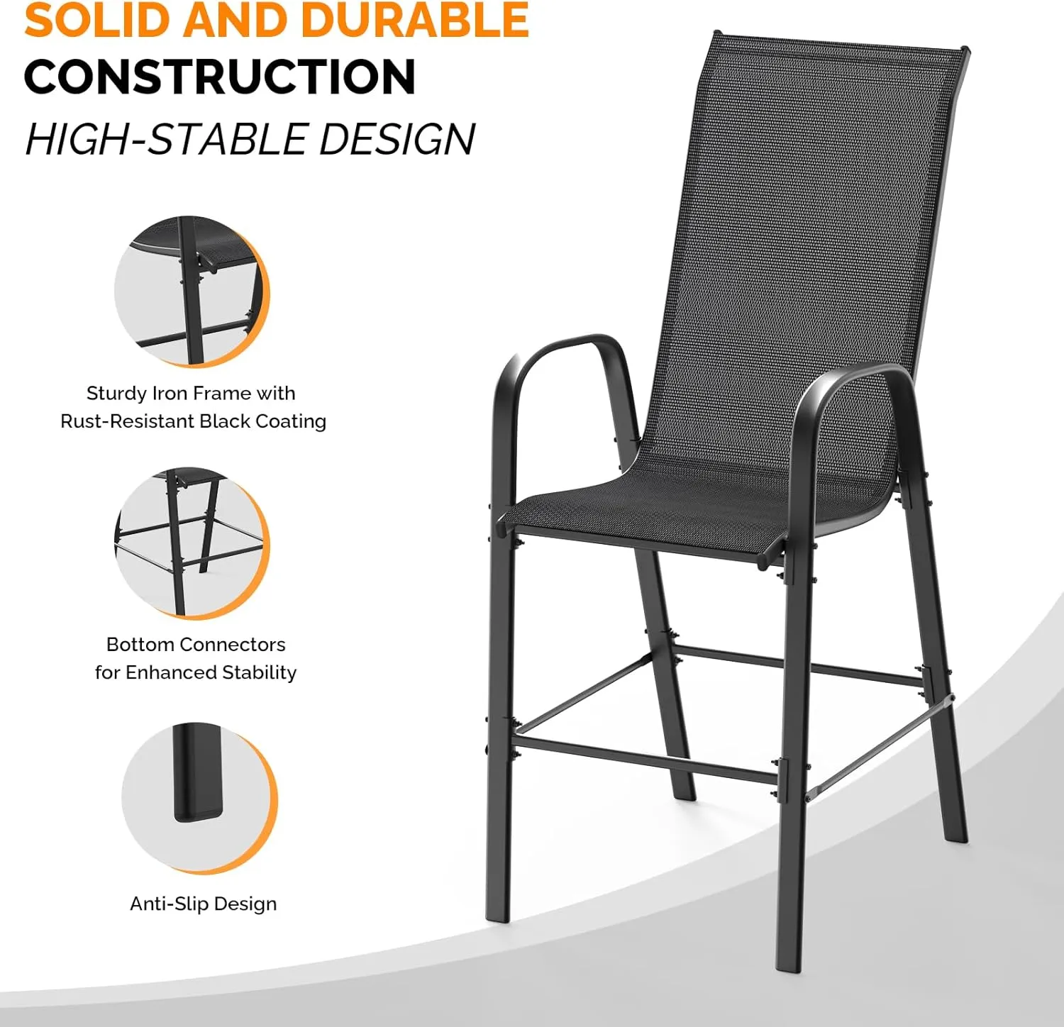 VINGLI Outdoor Bar Chairs Set of 6 – Stackable Outdoor Bar Stools with Sturdy Sling High Back and Armrests for Lawn, Courtyard, Garden, Bar, Black