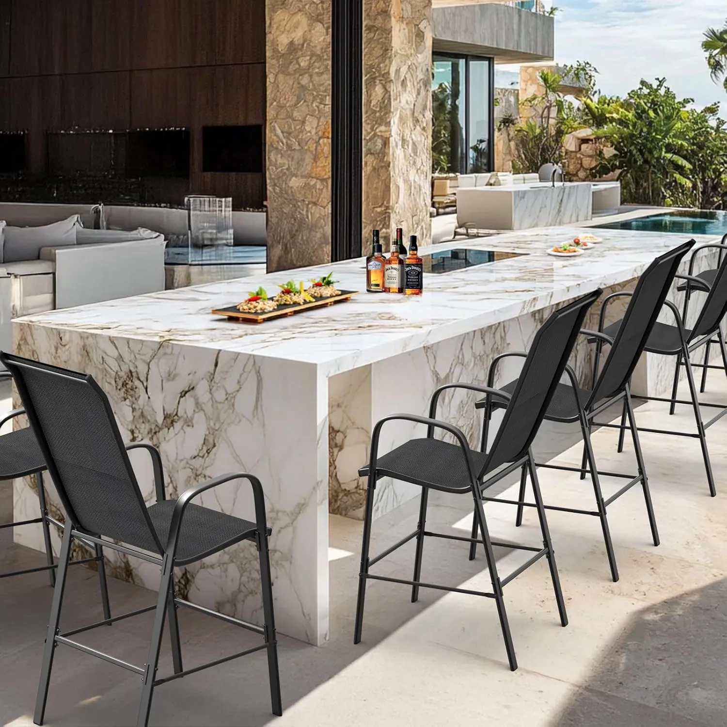 VINGLI Outdoor Bar Chairs Set of 6 – Stackable Outdoor Bar Stools with Sturdy Sling High Back and Armrests for Lawn, Courtyard, Garden, Bar, Black