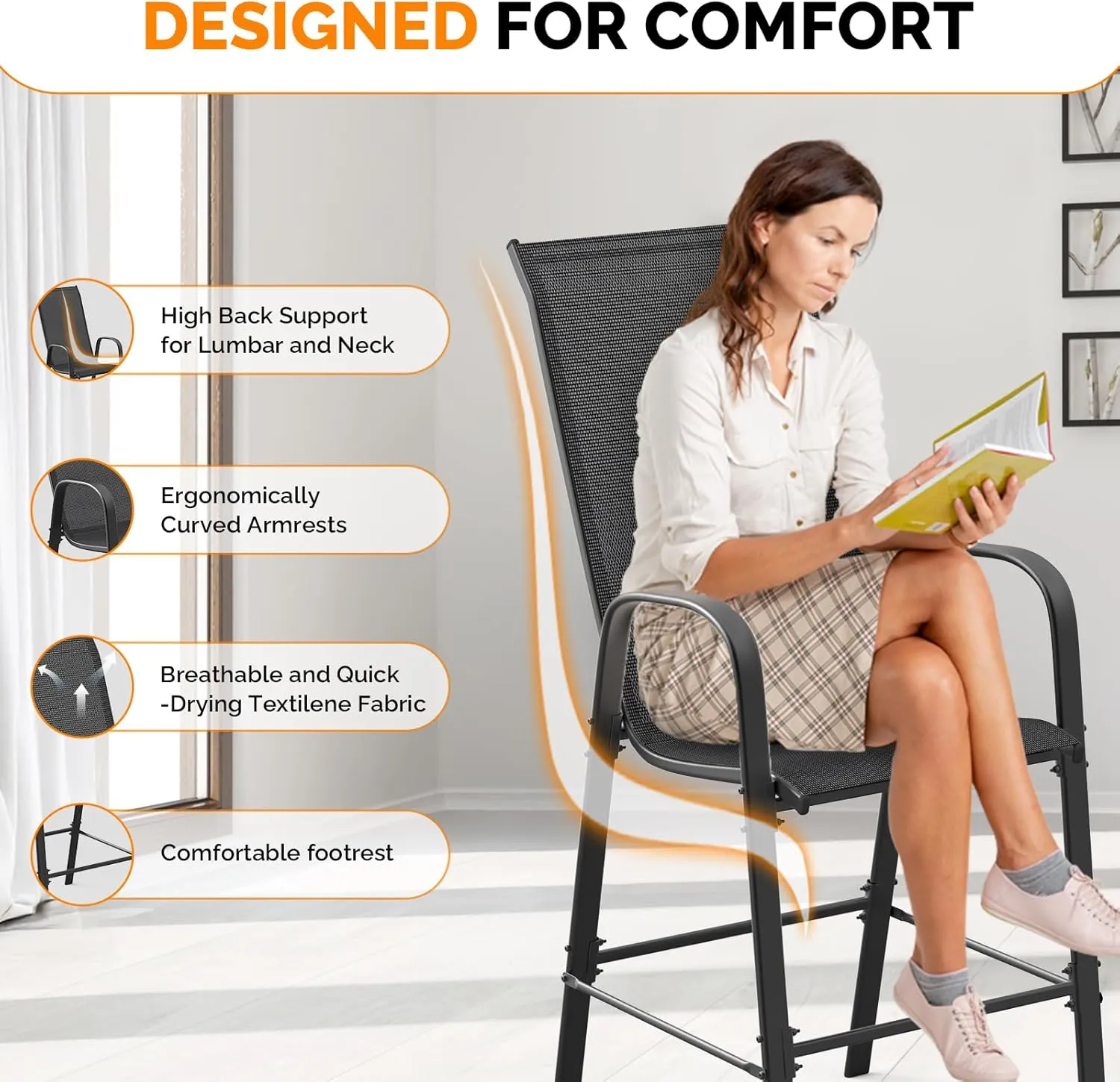 VINGLI Outdoor Bar Chairs Set of 6 – Stackable Outdoor Bar Stools with Sturdy Sling High Back and Armrests for Lawn, Courtyard, Garden, Bar, Black
